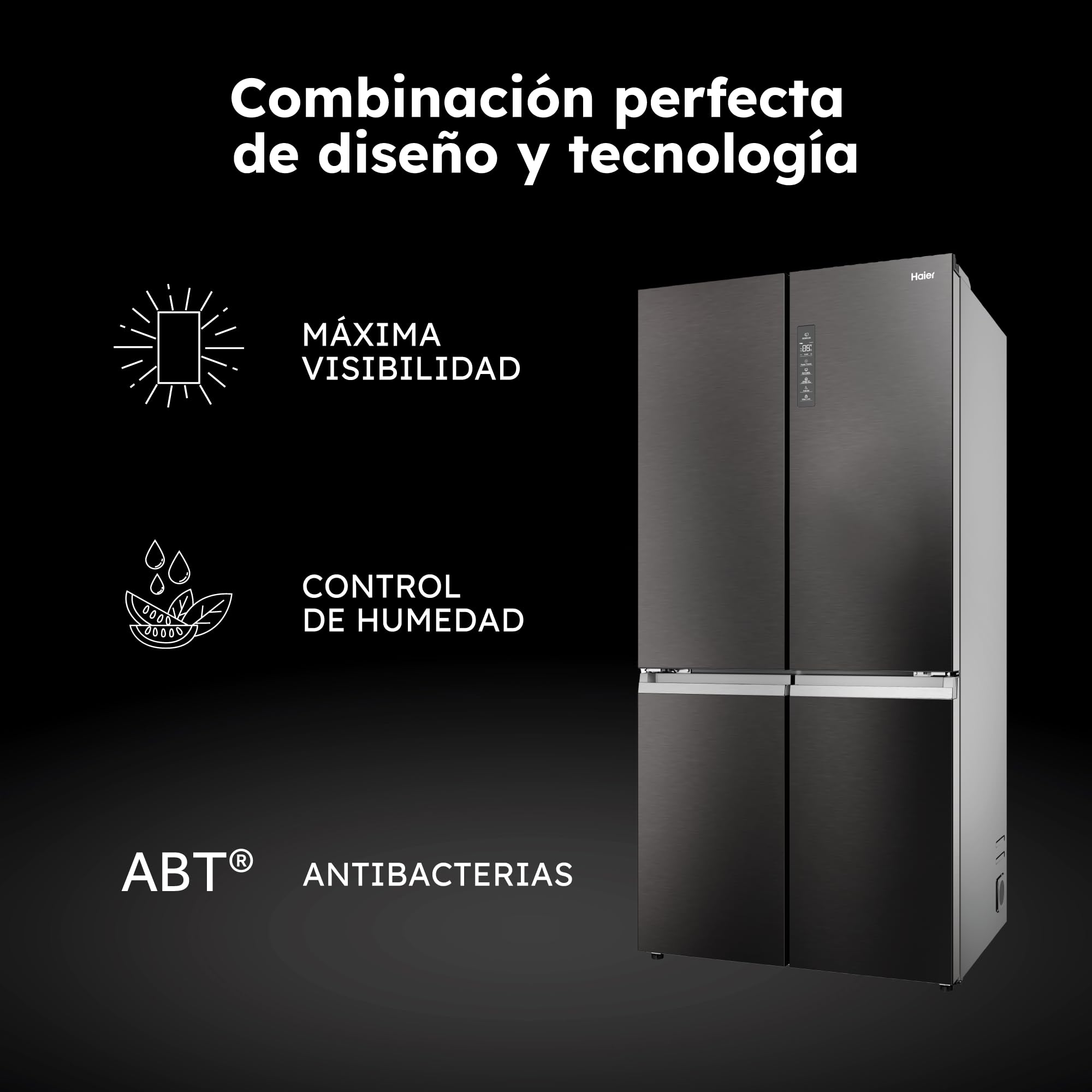 Haier Cube 90 Series 7 HCR79F19CNMD - Frigorífico 4 Puertas, Congelador 2 Zonas, Motor Inverter, Air Surround, Cajón Humidity Zone, Total No Frost, An 90,5cm, Capacidad 642L, Daylight, 37dB, Dark Inox