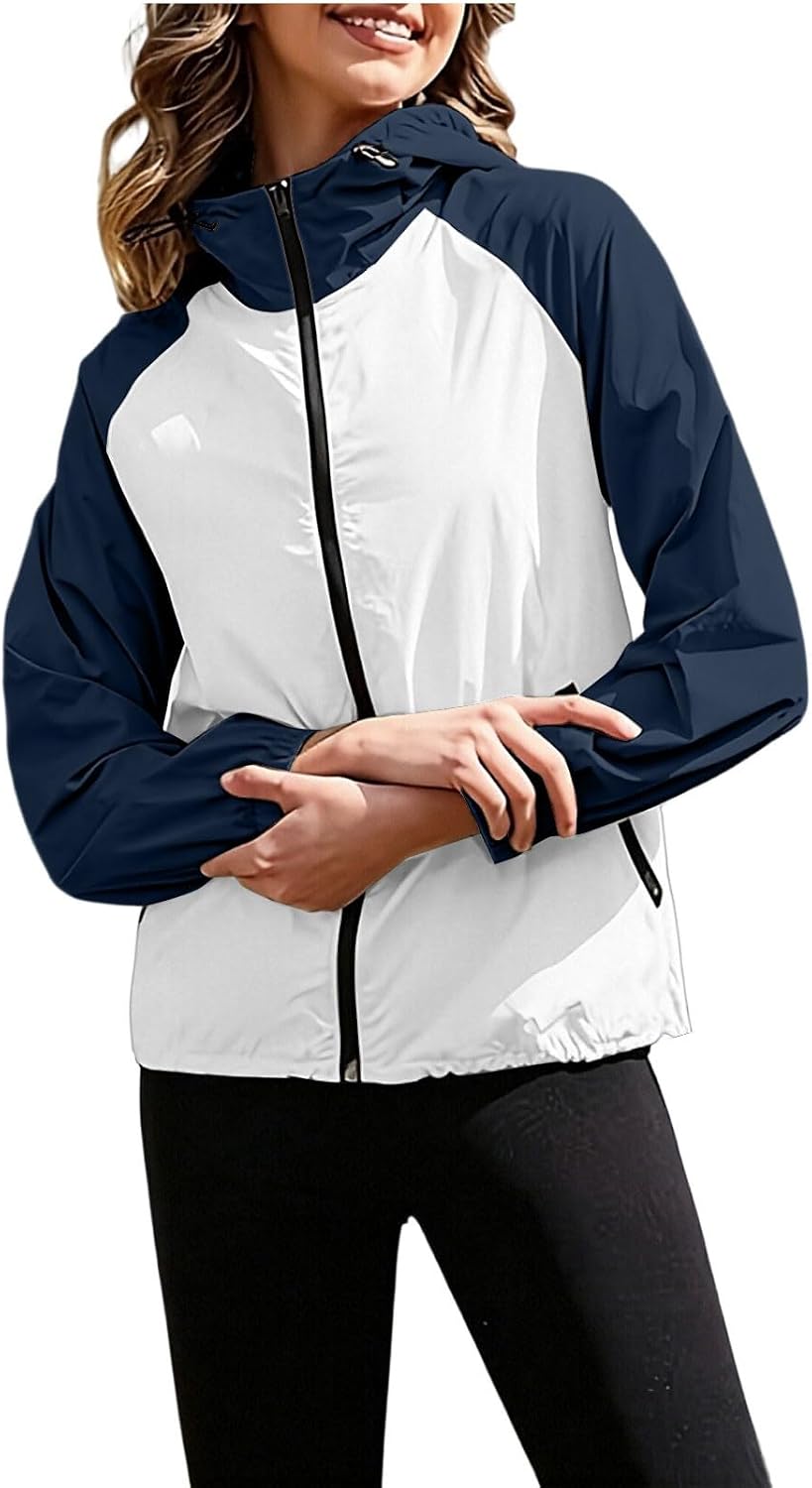 Lmdudan Women's Color Block Packable Jacket Raglan Sleeve Waterproof Hooded Jacket Lightweight Windbreaker Outdoor Raincoat