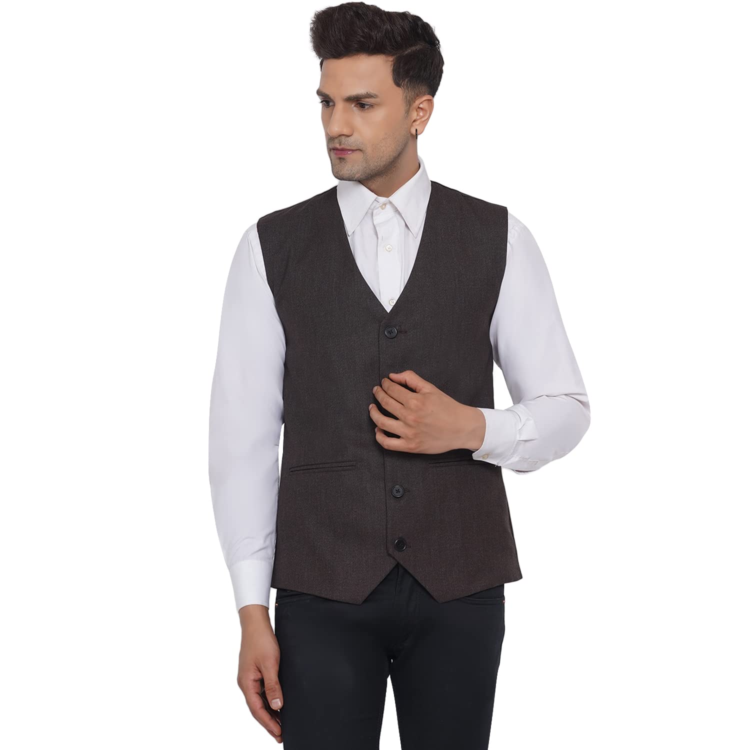 ghanshee Men's Slub Plain Waistcoat (Brown)-picture-31
