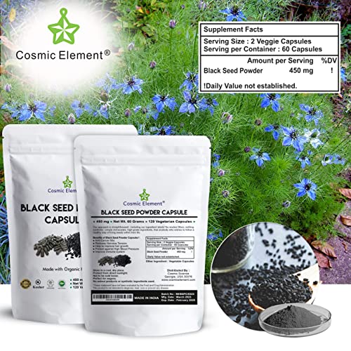 Cosmic Element Black Seed Powder Capsule Vegan Organic Nigella Sativa, Black Cumin Seeds. (120 Capsules) #TOP4