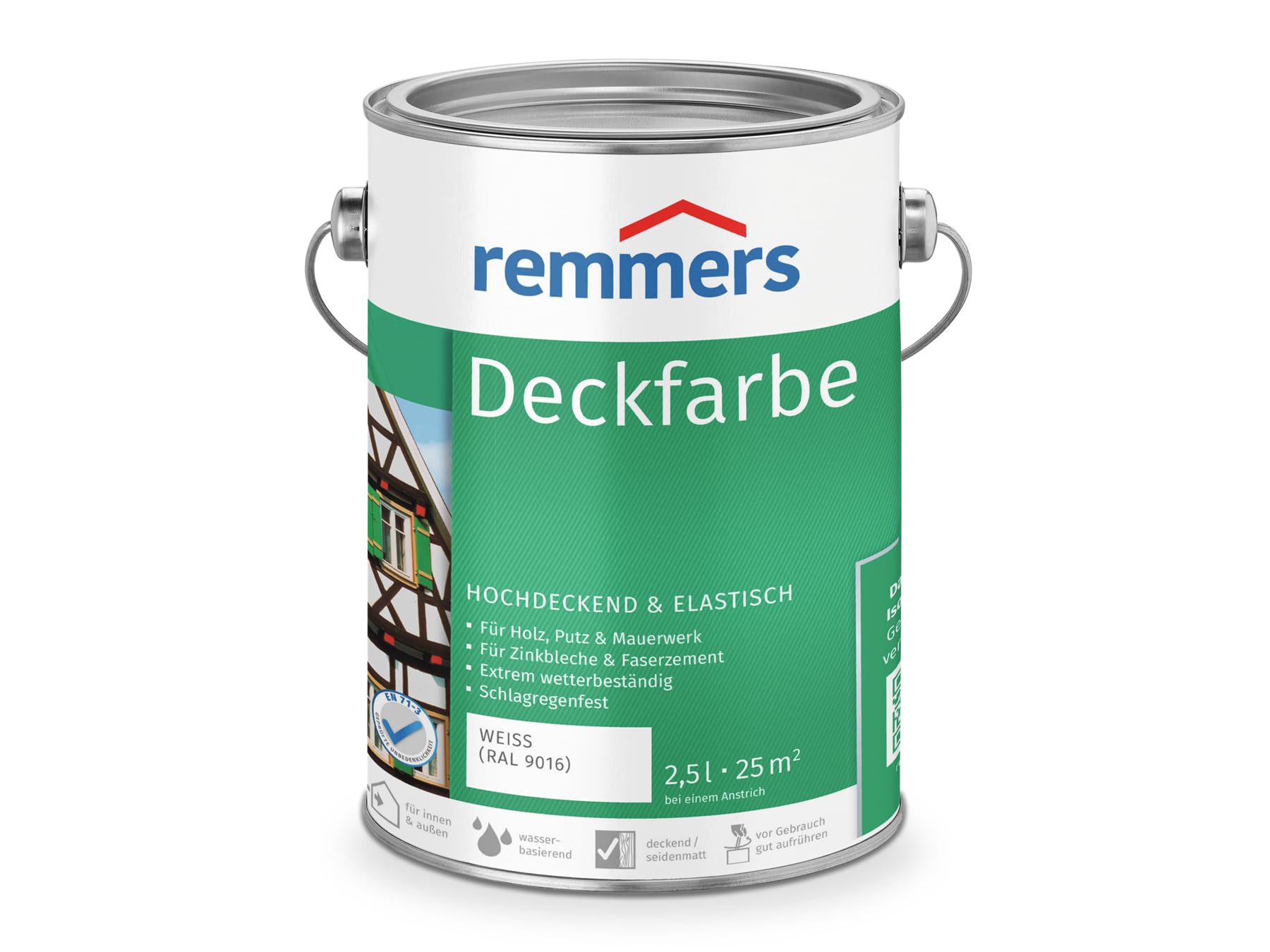 Remmers Deckfarbe weiß (RAL 9016), 2,5 Liter, Deckfarbe für innen und außen, Wetterschutzfarbe viele Untergründe, hochdeckend, wetterfest