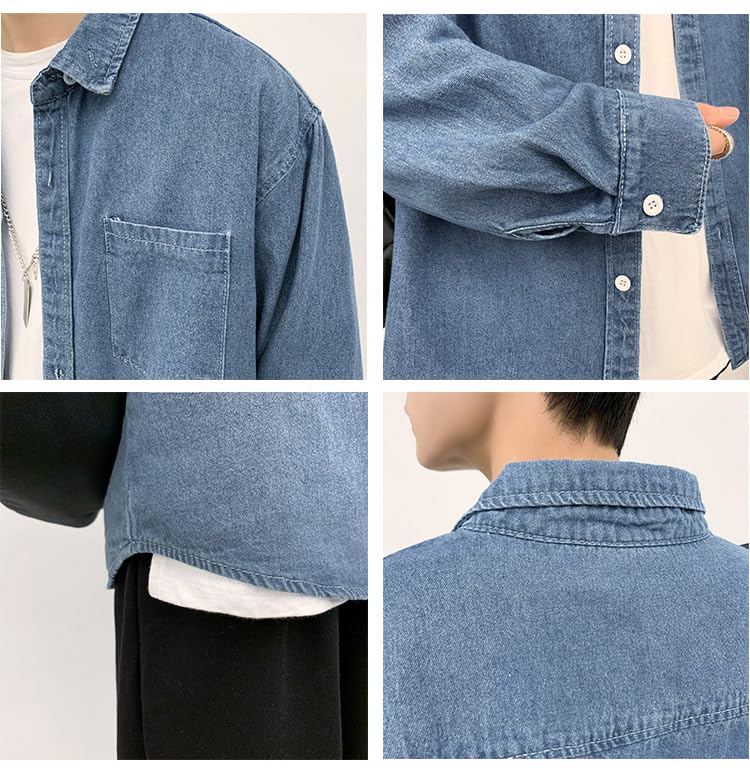 Washed Denim Grunge Shirts Long Sleeve Button Casual Jean Tops Korean Preppy Durable Oversized Jacket for Men4