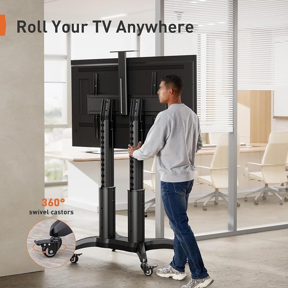 Supporto TV su ruote per TV da 55 a 90 pollici, carrello TV mobile per ufficio, carrello TV universale per TV a schermo piatto LED/LCD/OLED, supporto TV da pavimento regolabile in altezza fino a 90 k