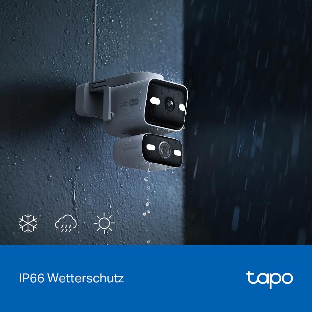 Tapo C575D 4K Überwachungskamera Außen mit Dual-Objektiv, 170° Ultraweitwinkel, 8mm Teleobjektiv, PoE/DC, Dualband-WLAN, kostenlose lokale KI-Erkennung, microSD/H500 Hub, IP66, 2026 Flaggschiff