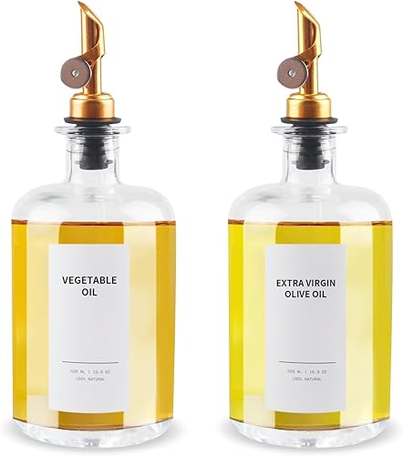 Juego de regalo dispensador de aceite y vinagre, 2 elegantes botellas de vidrio de 16.9 onzas, 2 vertedores dorados, embudo para llenar fácilmente