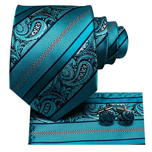 Image of Hi-Tie Men Ties Sets Silk Stripe Paisley Necktie Pocket Square Cufflinks for Business Wedding