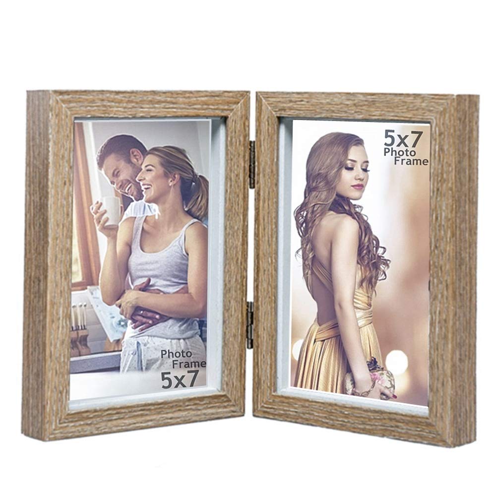 CECIINION 5x7 Wood Photo Frame Shadow Box, Hinged Double Picture Frames with Glass Front,Fit for Stands Vertically on Desk Table Top(for 5x7in Photo,Darker Wood Color)