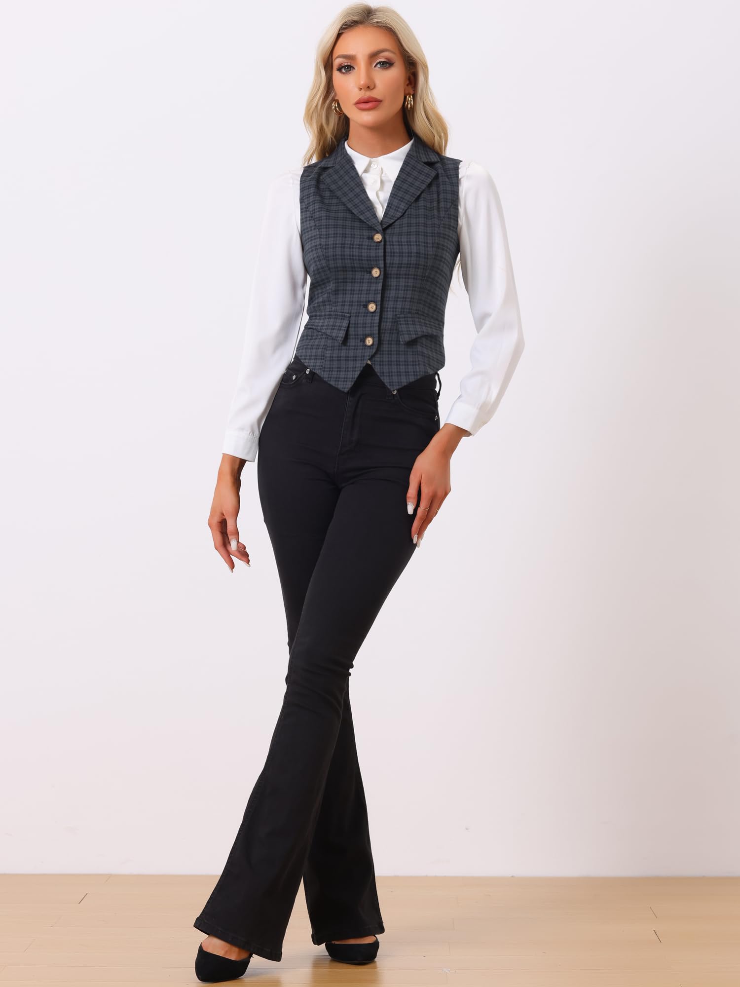 Allegra K Chaleco a Cuadros para Mujer, Cuello de Solapa con Muescas, Blazer sin Mangas Vintage de Botonadura Sencilla