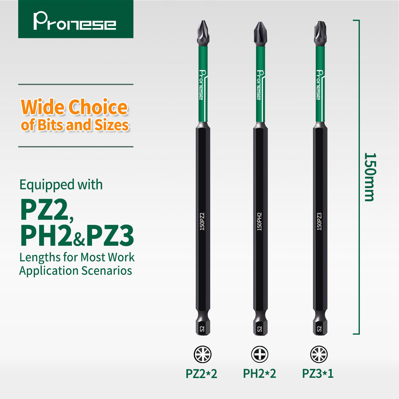 Pronese 5 pcs 150 mm PZ2 & PH2 & PZ3 Magnetic Impact Driver Bits, Long S2 Steel Magnetic Drill Bits, Black and Green, (2*PZ2 - Image 2
