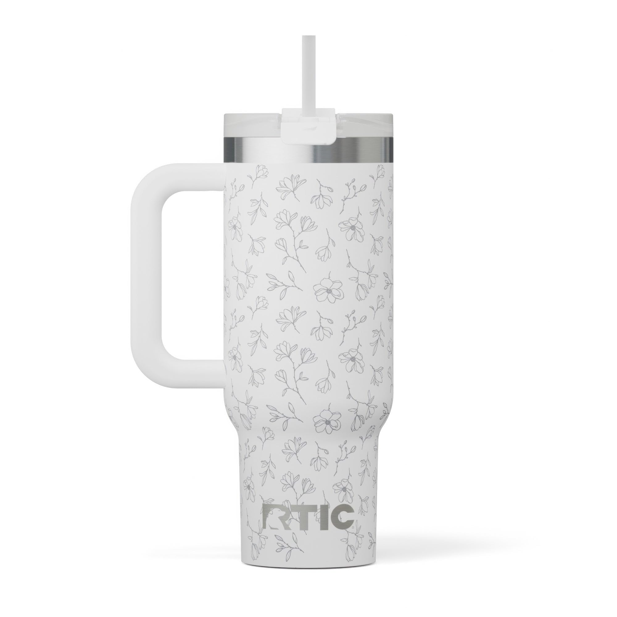 RTIC 30 oz Road Trip Tumbler Double-Walled Ceramic Lined InsulatedStainless Steel Portable Travel Coffee Mug Cup with Lid, Handle and Straw, White Magnolias