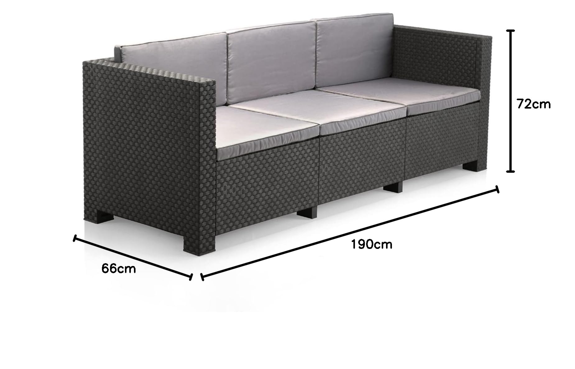 SP Berner - Sofá de Jardín Diva 3 Plazas - Diseño en Imitación Ratán con Cojín Incluido - Resistente y Sostenible - Fácil Montaje - 190 x 66 x 72 cm - Grafito