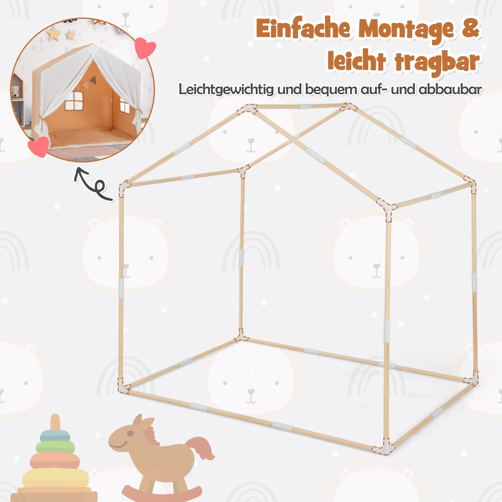 DREAMADE Kinderzelt für drinnen mit Matte und Girlande, Kinder Spielhaus Indoor mit Fenstern & Vorhang, Tipi Zelt, Kinder Spielzelt mit Massivholzrahmen für Jungen und Mädchen (Hellbraun + Weiß)