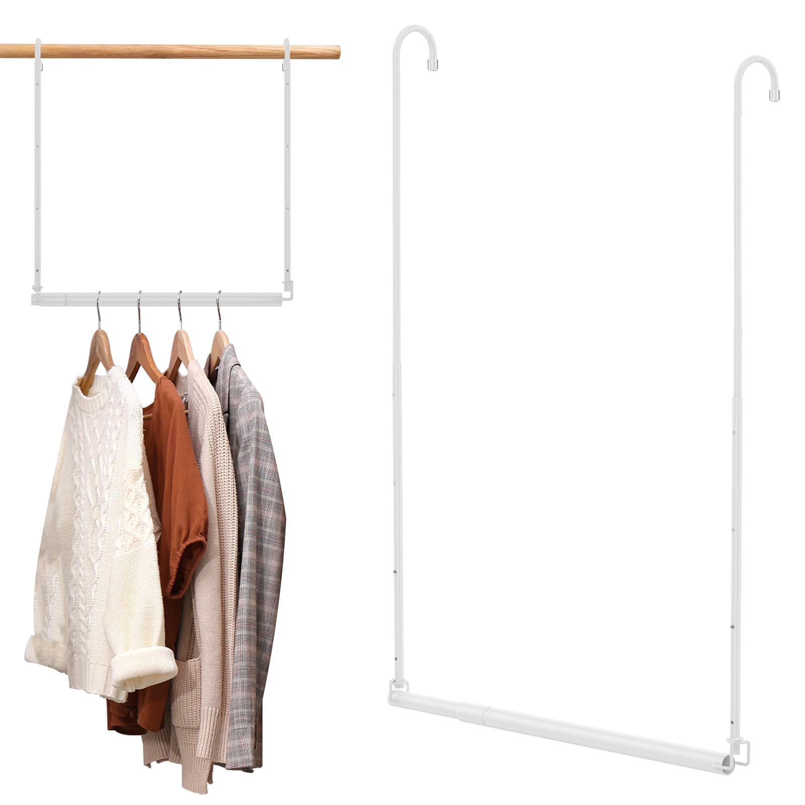 MENIBBLER Adjustable Hanging Closet Rod, Extendable Stainless Steel Clothes Hanger with 50 lbs Load Capacity 40.5-71cm Length and 43-73cm Height Telescopic Organizer for Wardrobe Balcony(white)