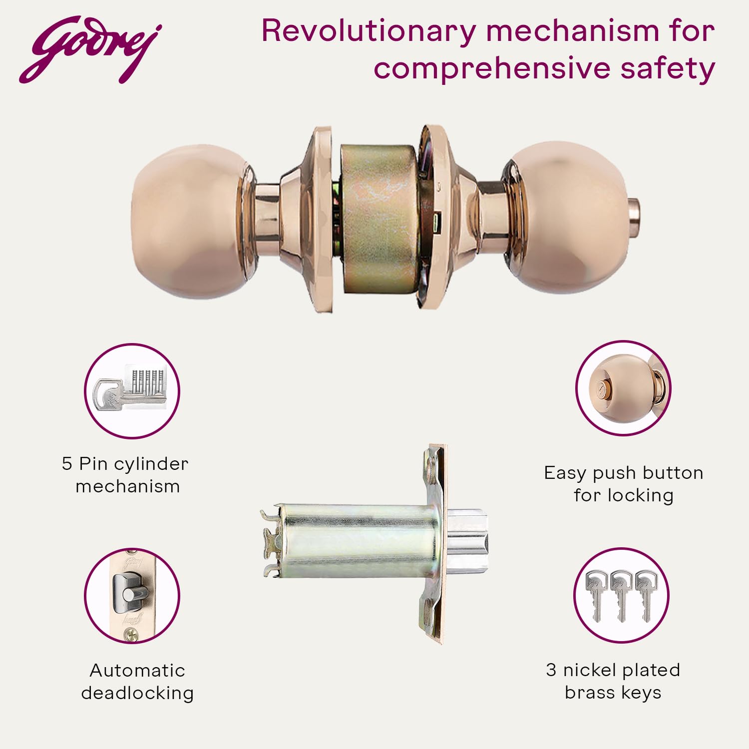 Godrej Cylindrical Lock | with 3 Keys | Suitable for Bedroom Doors&Inter-Connected Doors for Commercial Space | 70mm Backset | Door Thickness 32mm to 45mm | Rose Gold Finish | 5 Year Warranty — Amazon image 4