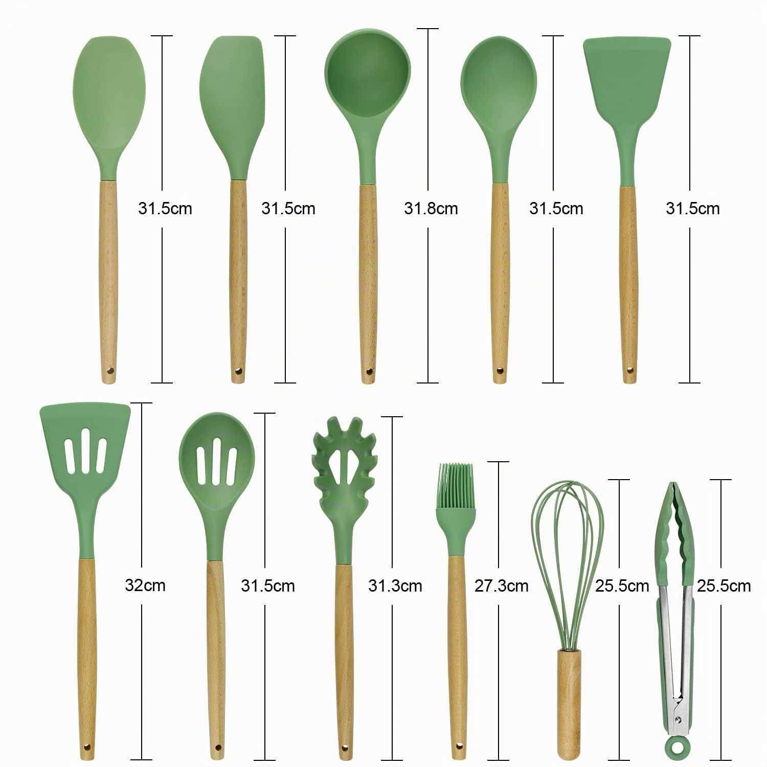 Juego de utensilios de cocina,13 juegos de silicona de cocina resistente al calor, con bandeja, juego de espátula de cocina con mango de madera (verde aguacate)