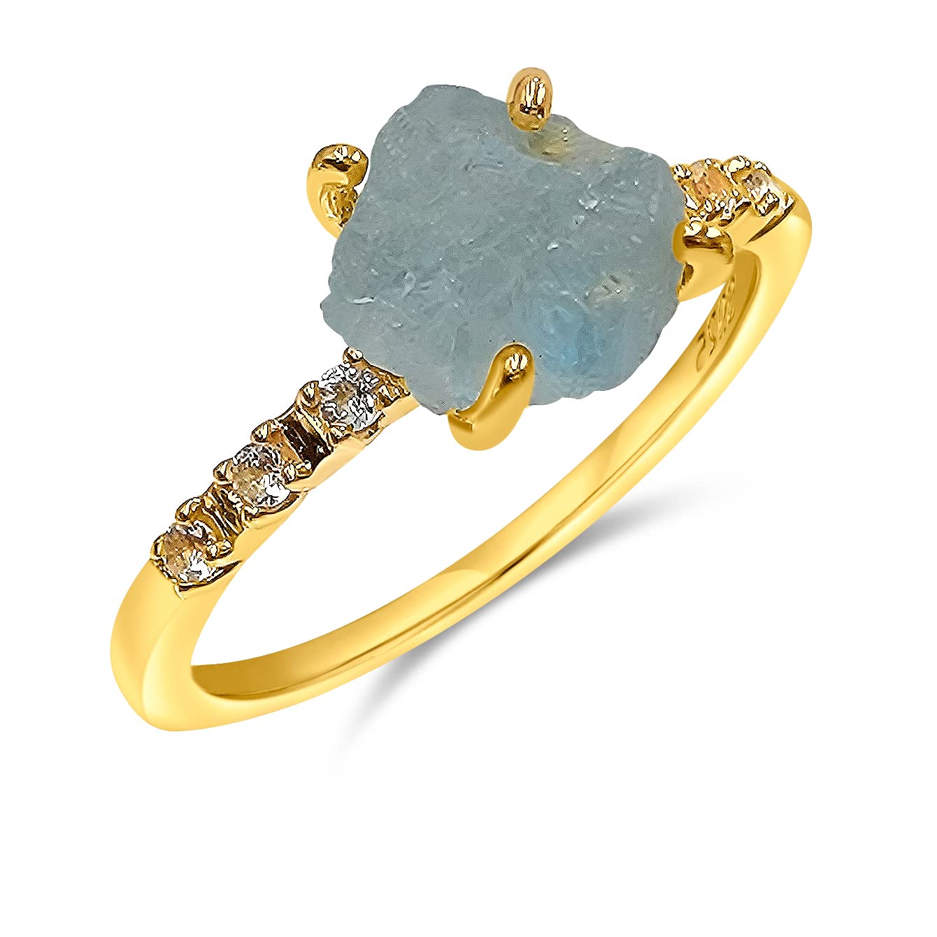 Real Raw Aquamarine Crystal Dainty Ring Yellow Gold March Birthstone gift for sister daughter niece Christmas birthday Uniquelan Jewelry (aquamarine, 7)