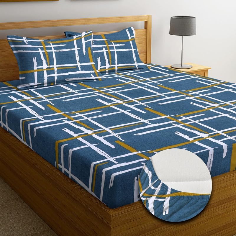 Image of Blue Strip 300 TC Cotton Feel Glace Cotton Flat Printed Queen Size Double Bed Bedsheet with 2 Pillow Covers,Size- 90 x 100 Inches