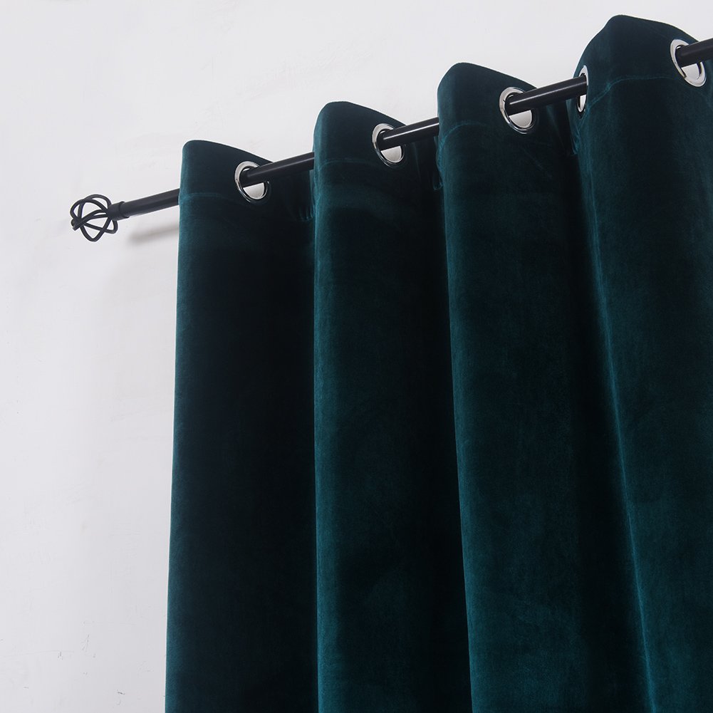 Cherry Home Super Soft Luxury Room Darkening VelvetDark Green Blackout Energy Efficient Grommet Curtain Panel Drapes Peacock Blue 52Wx63L,2 Panels