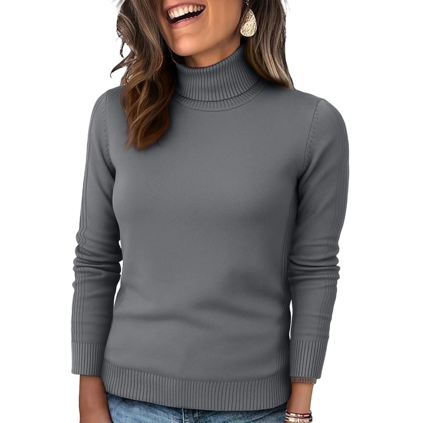 Ladies Turtleneck Sweaters Slim Fit Ribbed Knit Pullover Sweater Winter Casual Warm Long Sleeve Turtle Neck Tops for