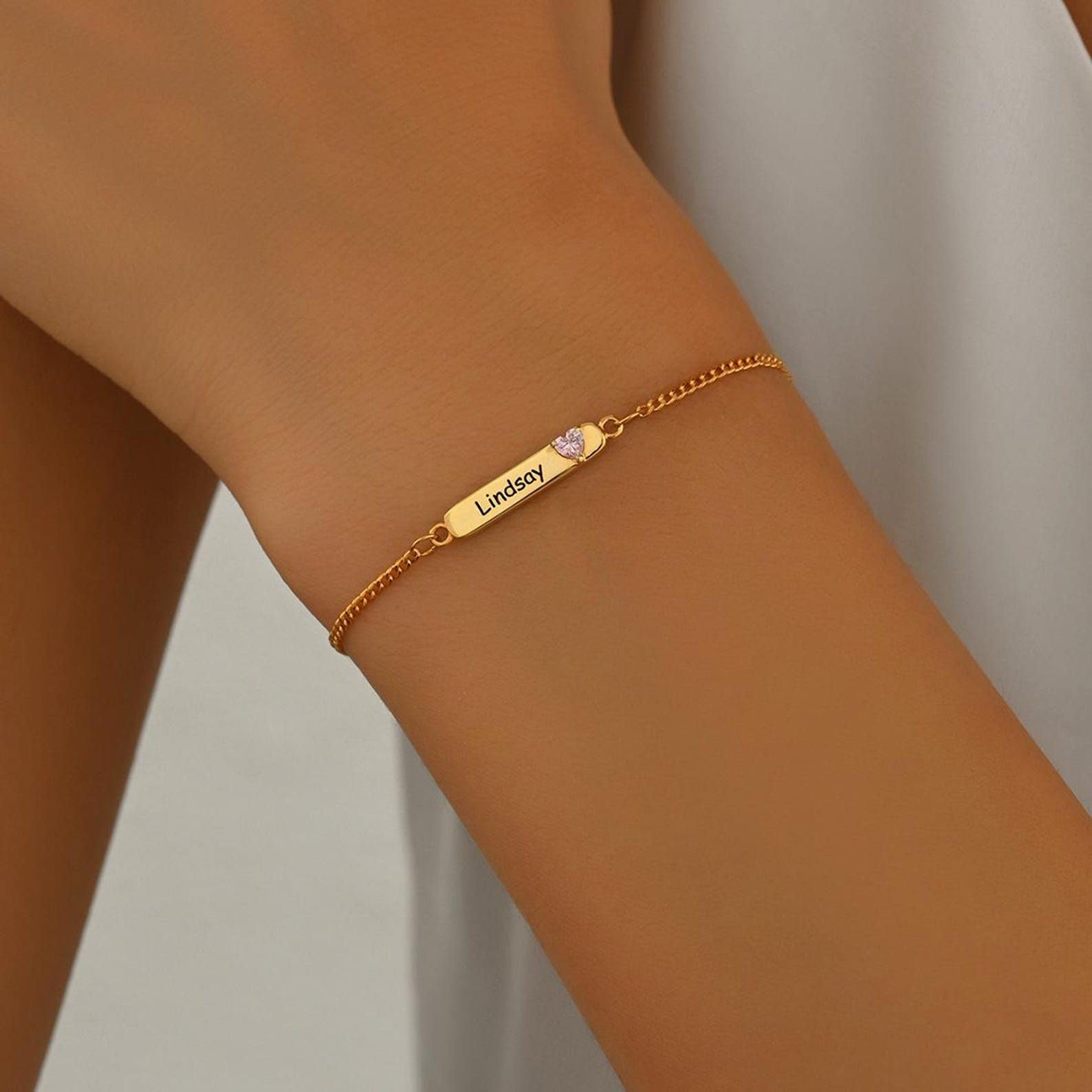 Nombre barra Pulsera de piedra de nacimiento 925 Pulsera de oro de plata con piedras preciosas Nombre grabado para mamá cumpleaños Día de la madre