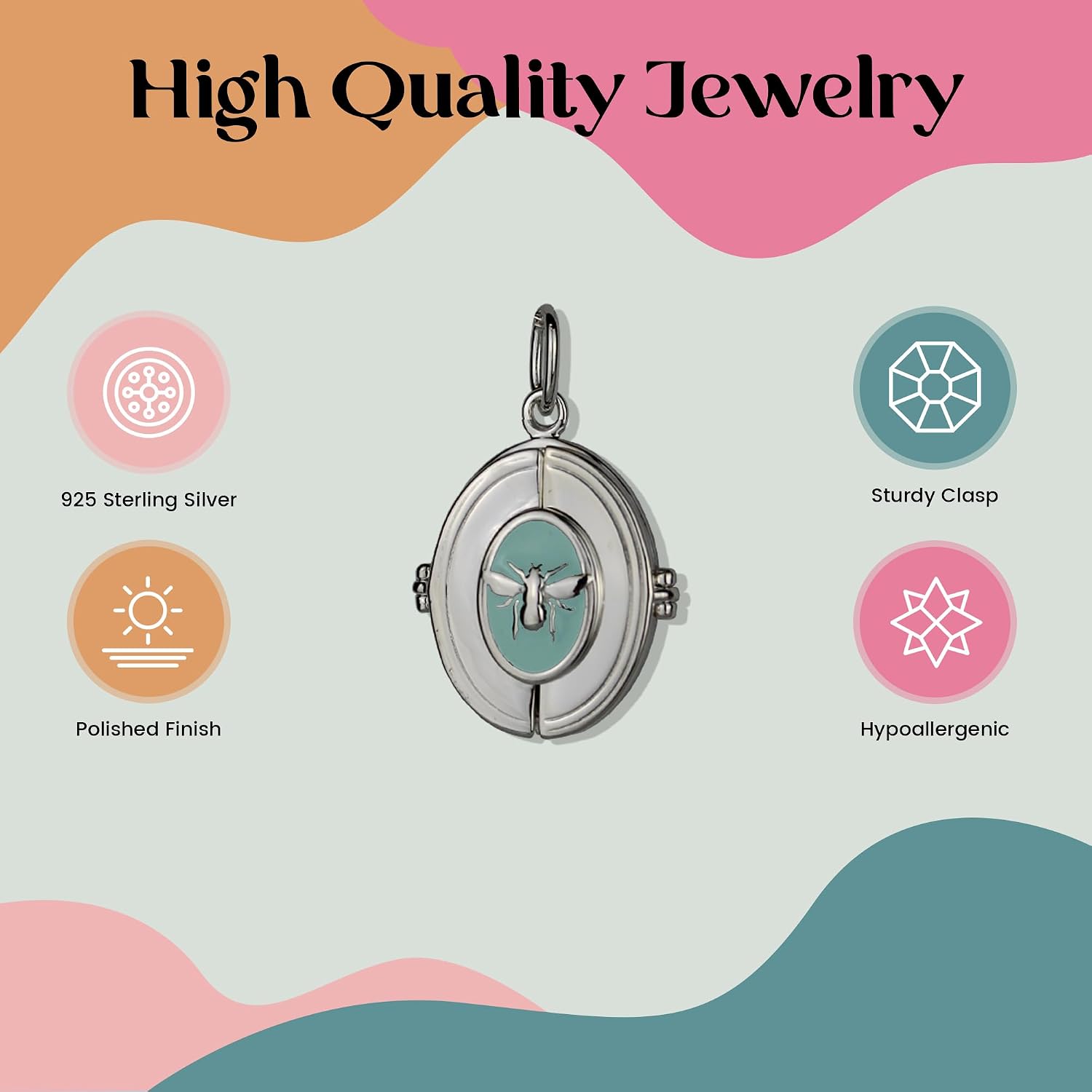 FashionJunkie4Life Honey Bee Resin Locket Necklace | 18” Sterling Silver Necklace & Picture Pendant Necklace | Honey Bee Silver Jewelry Gift for Women, Men, & Teenagers