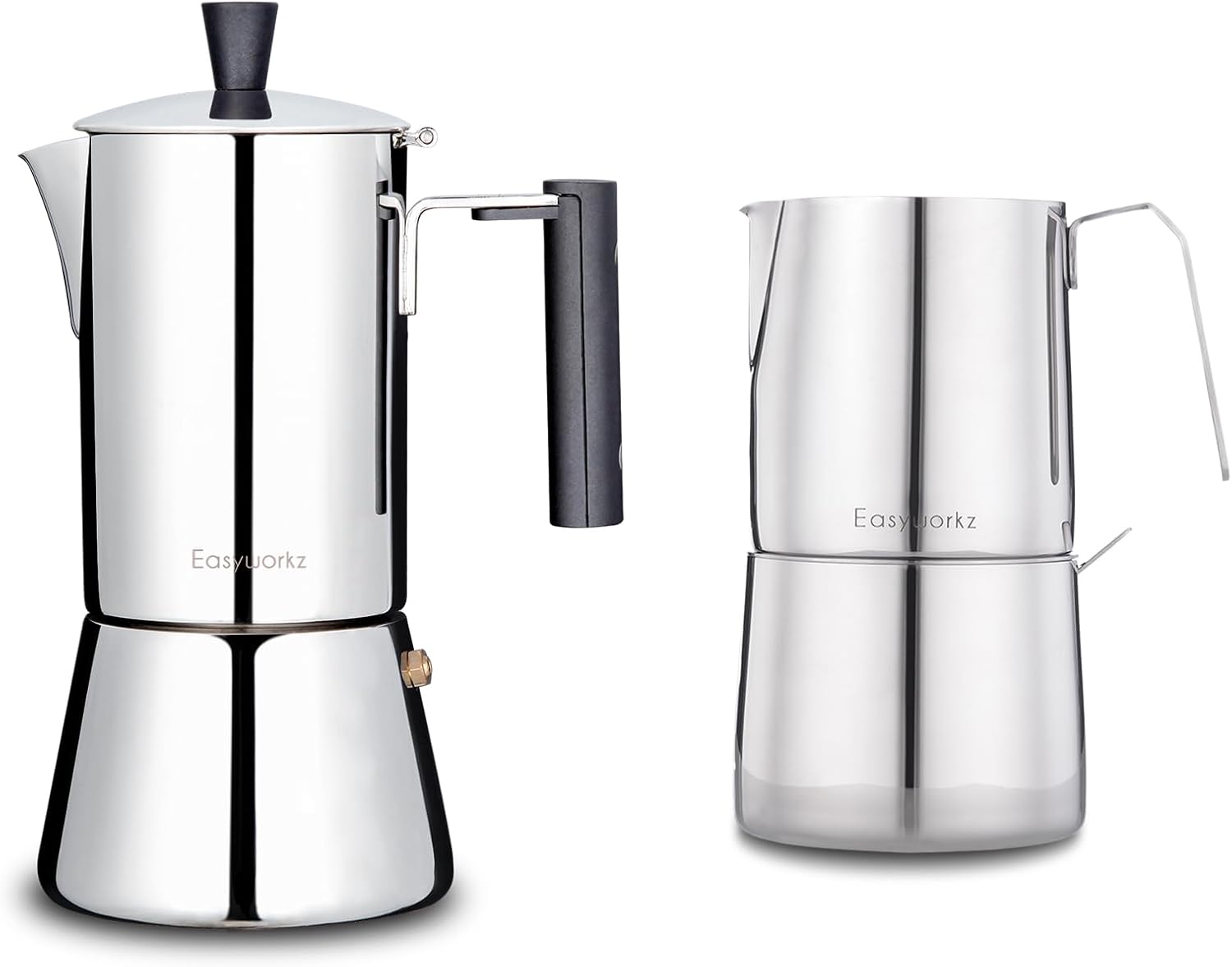 Easyworkz Pedro Stovetop Espresso Maker 4Cup 200ml, Bundled Stainless Steel 304 Creamer and Sugar Bowl with Spoon Coffee Serving Set Chrome