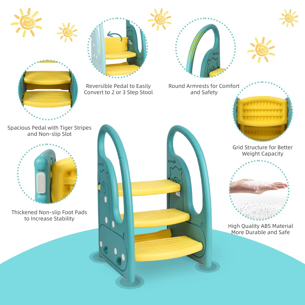Onasti - Sgabello per bambini a 3 gradini, torre in piedi per bambini, in plastica, per l'apprendimento, per cucina, bagno, lavandino, WC, vasino, con manici e cuscinetti antiscivolo, verde