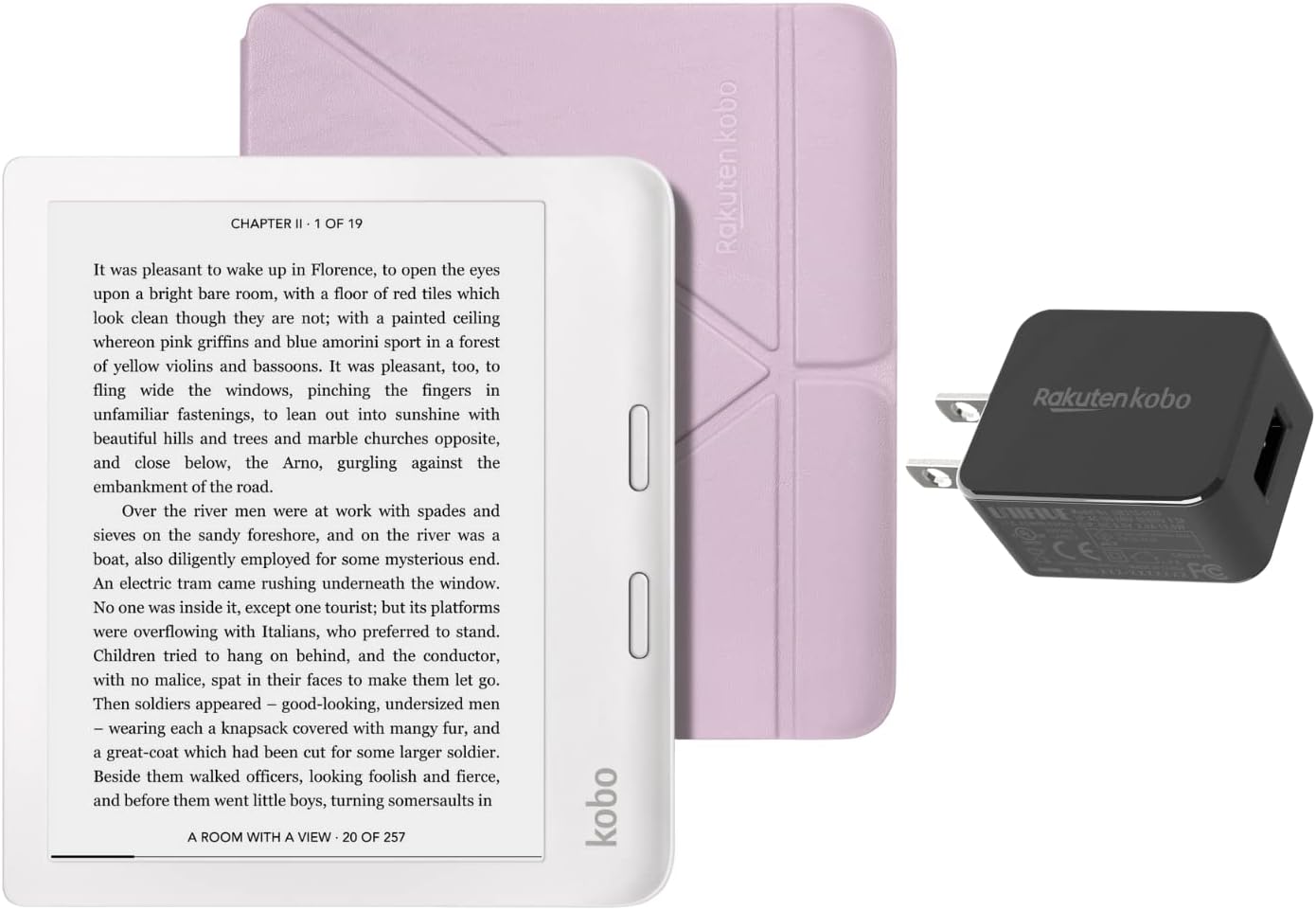 Kobo Libra 2 White Bundle with Lavender SleepCover and AC