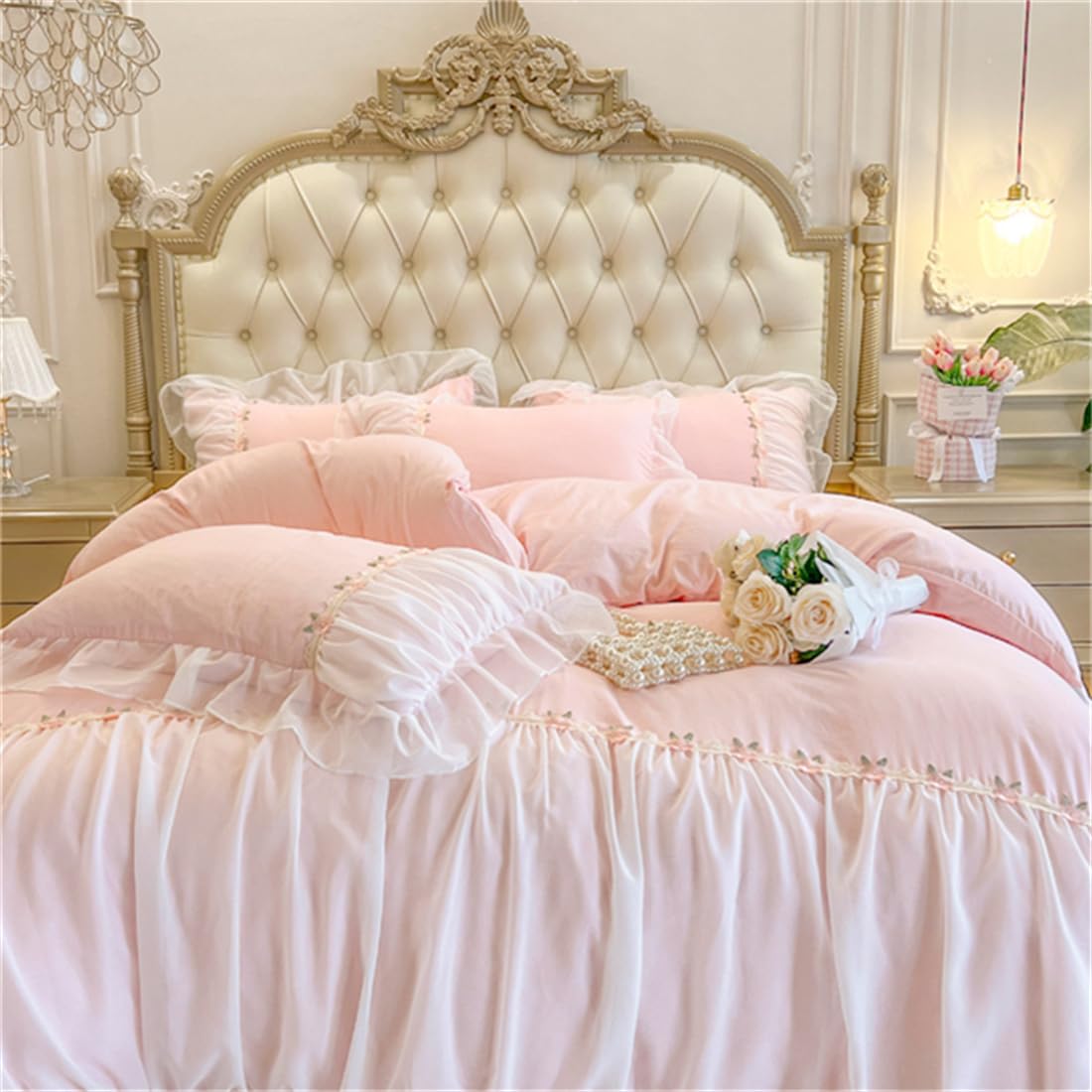 MOOWOO Pink Bedding, Set di biancheria da letto romantico in pizzo con volant, 2 pezzi, copripiumino con chiusura a cerniera, decorazione per la stanza, rosa, per letto matrimoniale