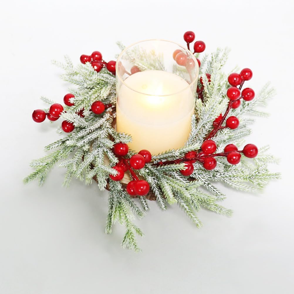 2pcs Small Christmas Wreath Candle Rings Artificial Cedar Cypress Wreaths with Red Berries, Candle Holders for Holiday Table Centerpiece Decor (Candle Rings 03)