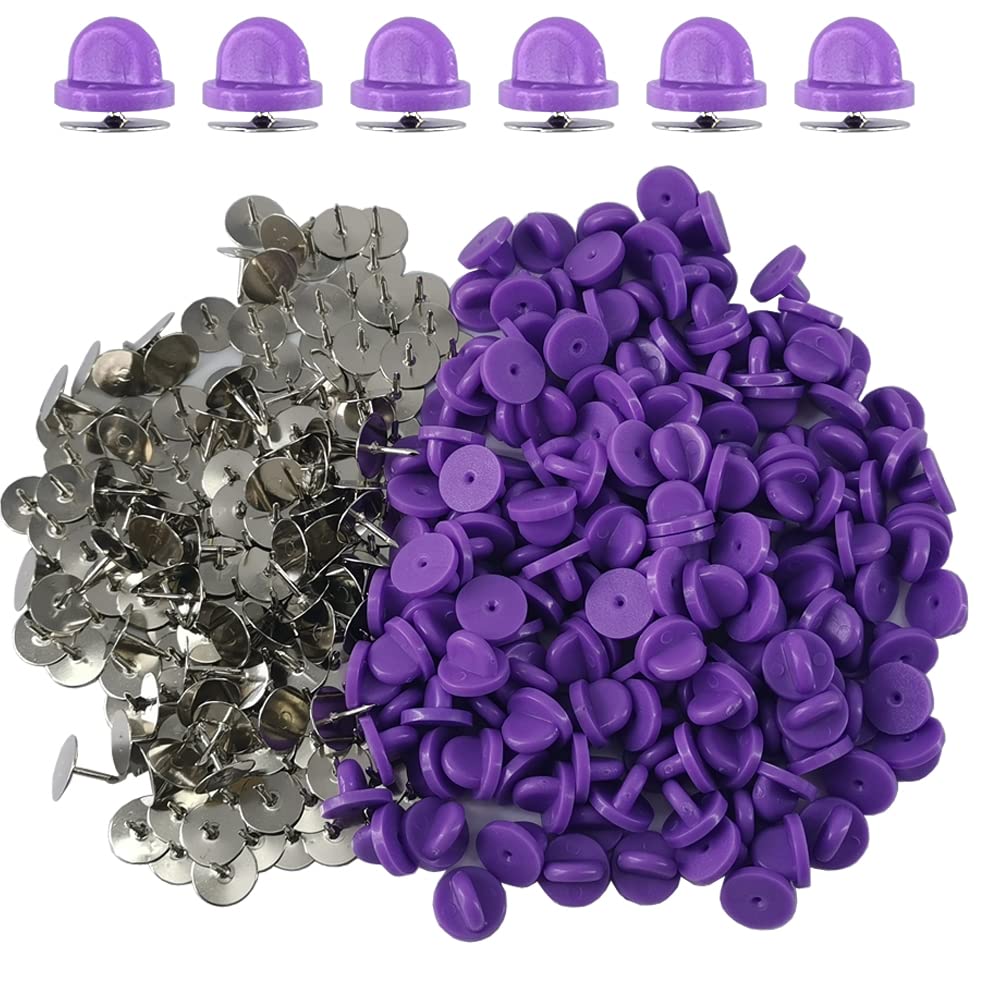Ruidee Purple 200 Pieces/100 Set Rubber Pin Backs With Tie Tacks Blank Pins, Pvc Rubber Pin Back For Uniform Badges Backing Holder Clasp Lapel Pin (Purple)