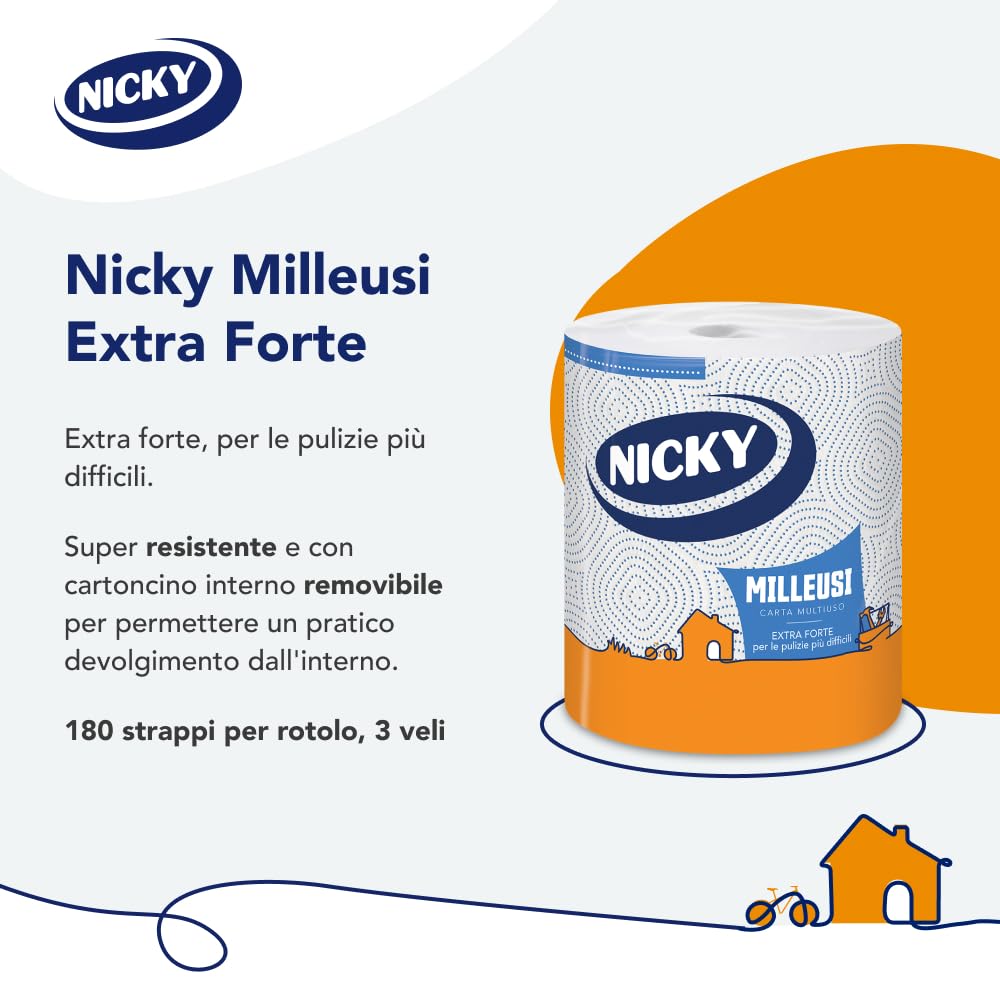 Nicky Milleusi Forte – 8 Rotoli di Carta Multiuso, 180 Resistenti Fogli a 3 Veli, Per le Pulizie Più Difficili, Lunghezza Extra e Infinita Versatilità, Carta 100% Certificata FSC