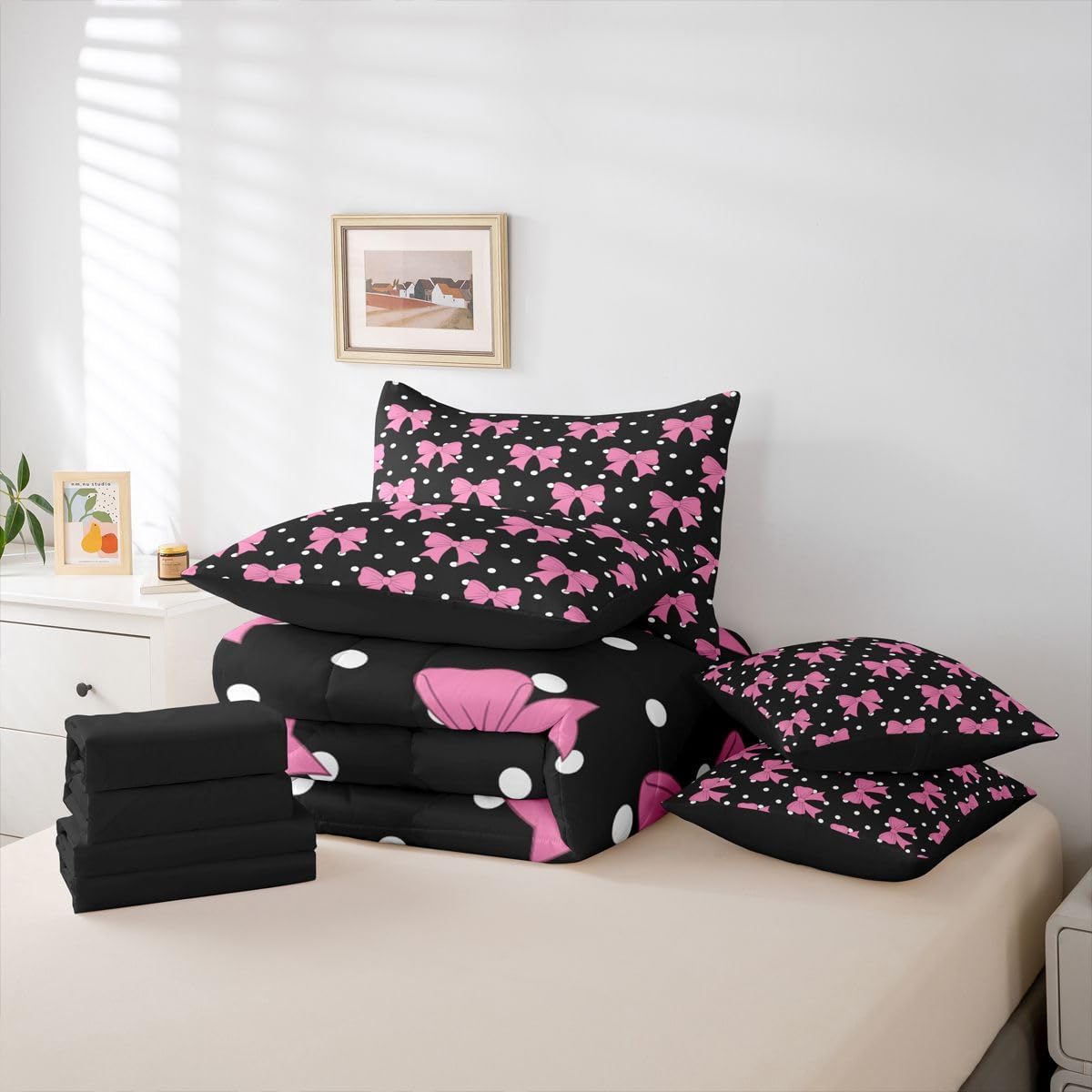 Feelyou Cartoon Bowknot Full Comforter Set with Sheets for Kids Boys Girls Bows & Polka Dots 7 Pieces Bedding Set Kawaii Bed in a Bag Pink Black Room Decor Soft Lightweight Microfiber