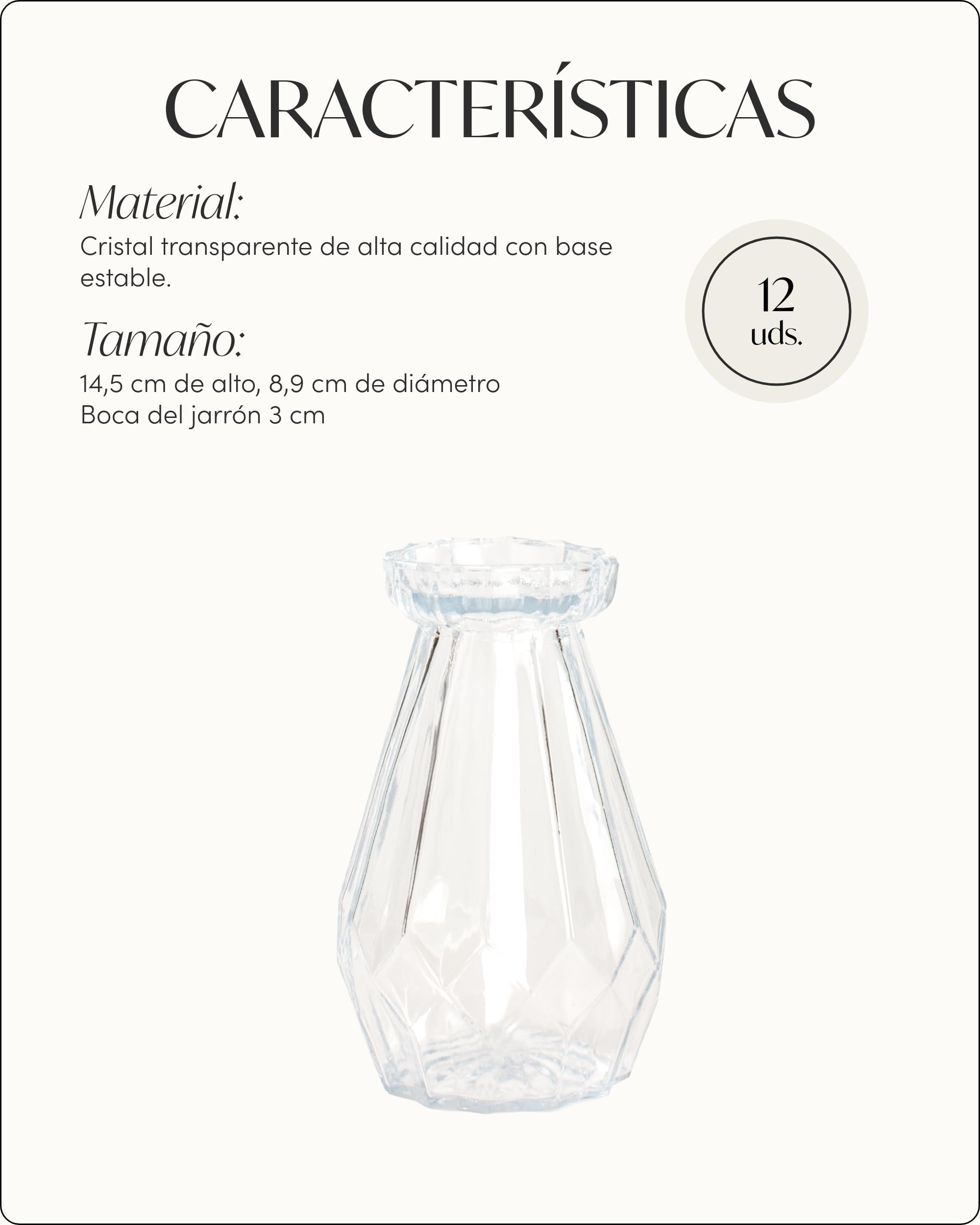 100% Mosel Jarrones de Vidrio, 12 Piezas (14,5 cm x 8,9 cm) | Jarrones Pequeños de Cristal Diseño Diamante – Floreros para Boda, Bautizo, Comunión & Cumpleaños