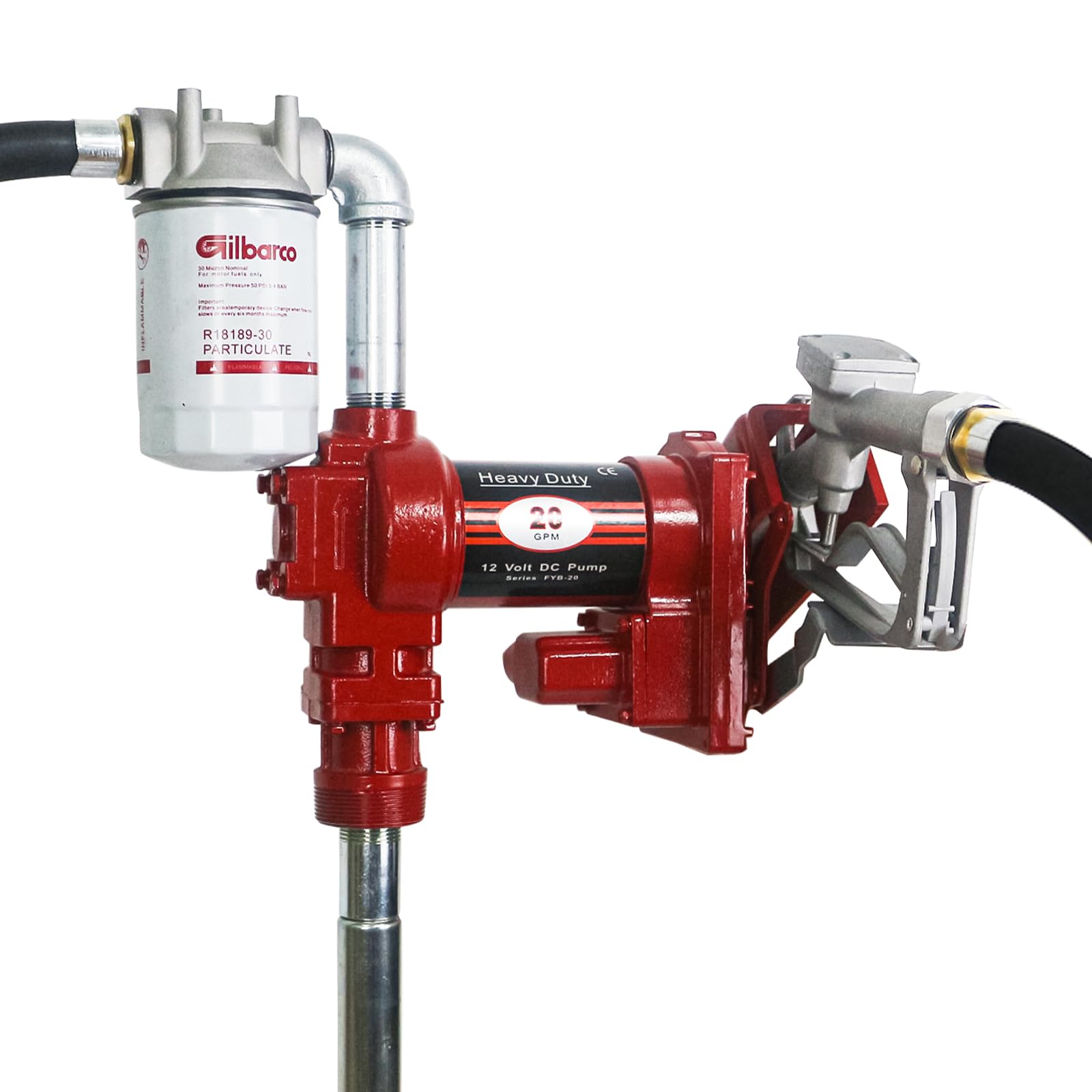 12v fuel transfer pump w/manual nozzle, 20 gpm high flow dc diesel transfer pump, gas heavy duty transfer pump with filter for gasoline, diesel, kerosene, biodiesel and more