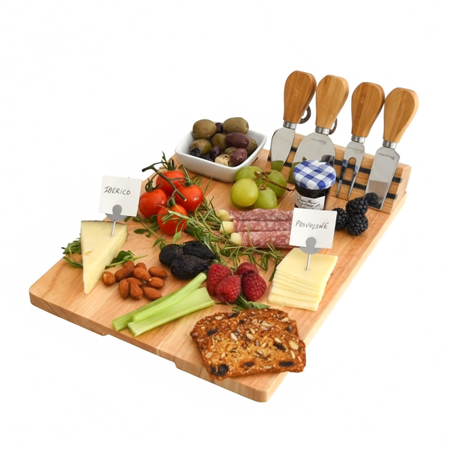 Windsor Hardwood Cheese Board with 4 Tools Ceramic Bowl and Cheese Markers, Natural