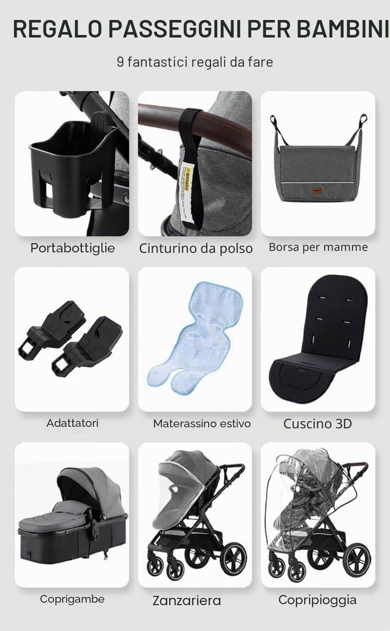 GLOKID Passeggino 3 in 1，Passeggino Canne，Trio，Con Seggiolino Accessori，Adattatori universali，Passeggino per bambini fino a 25 kg，4 ruote con ammortizzatori，navicella，grandi ruote (X1 Rosa)