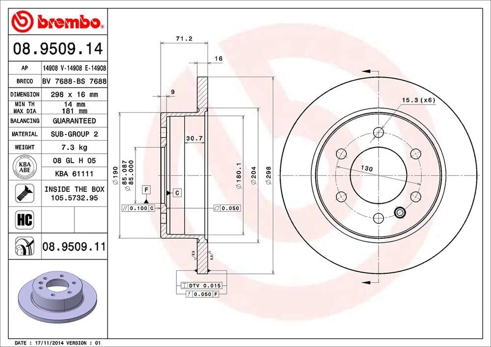 Brembo 08.9509.11 UV Coated solid Rear Brake Rotor MERCEDES-BENZ/MERCEDES-BENZ (FJDA)/VW OE# A9064230012