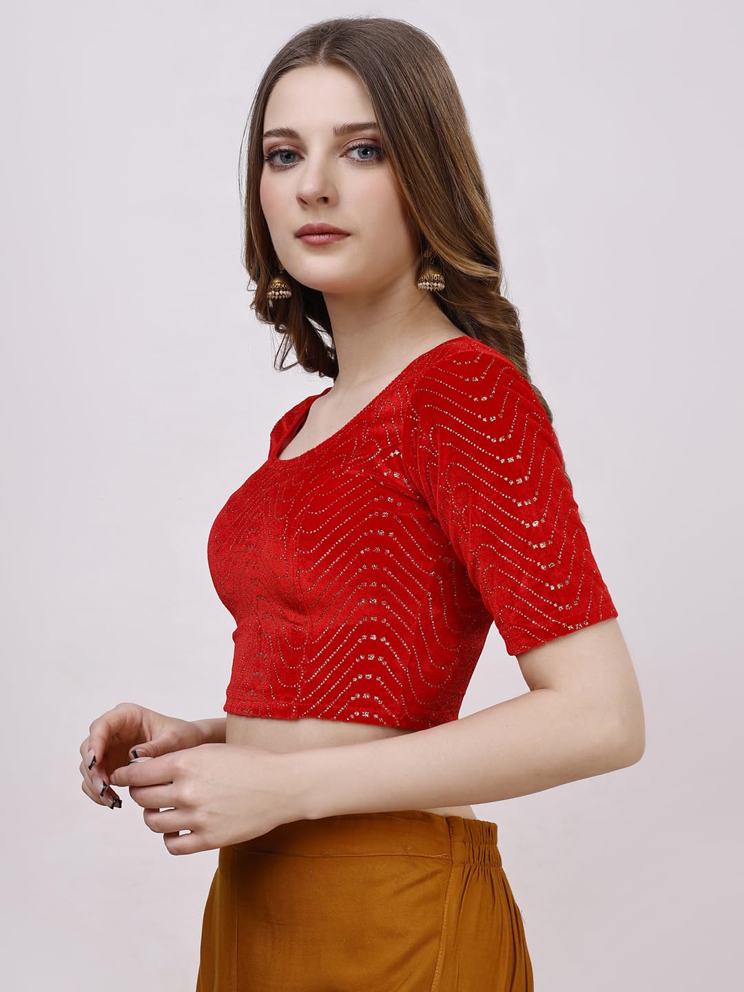 Pujia Mills Women's Readymade Hosiery Velvet Lycra Stretchable Round Neck Half Sleeve Blouse With Jari Work Fancy Red Color Lycra Stretchable Blouse For Women Readymade Saree Blouse