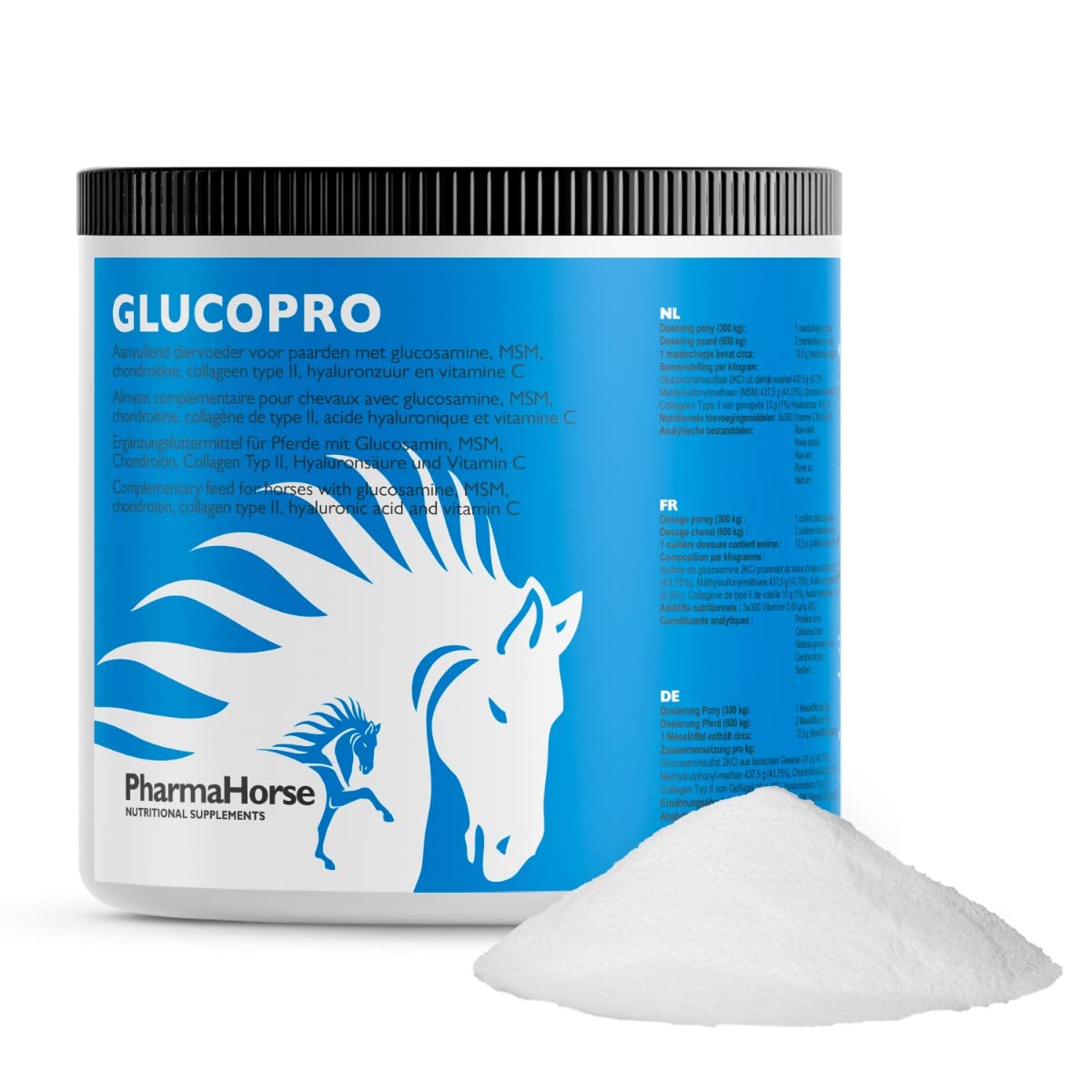 PharmaHorse Glucopro | Supplément pour Cheval | MSM, Vitamine C, Glucosamine, Collagène | sans Sucre ajouté | Sulfate de glucosamine 100% Pur | sans dopage | 500 grammes