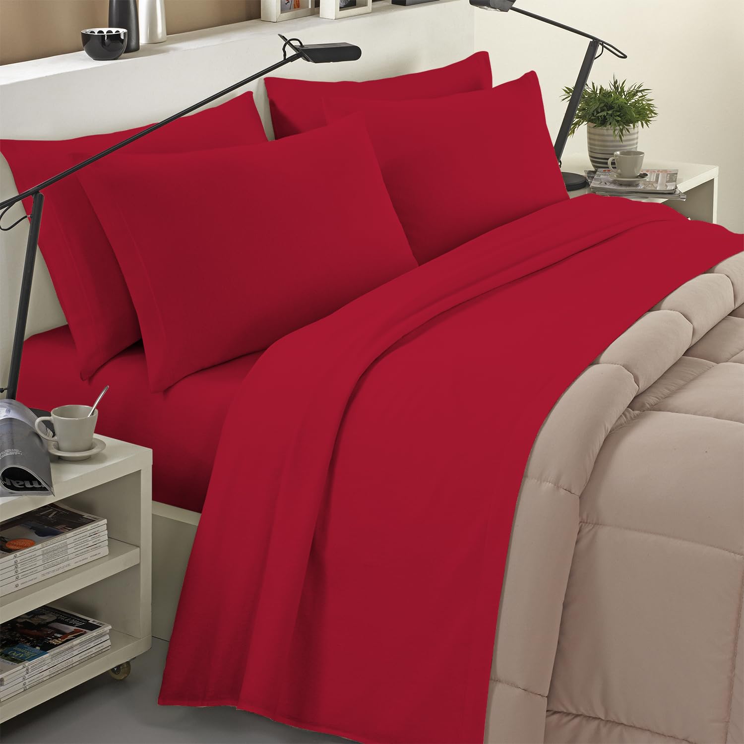 Banzaii Completo Lenzuola Invernale Felpate in Flanella Anti-Pilling 100% Cotone, adatto anche ai materassi più alti, 4 pezzi, Matrimoniale Rosso