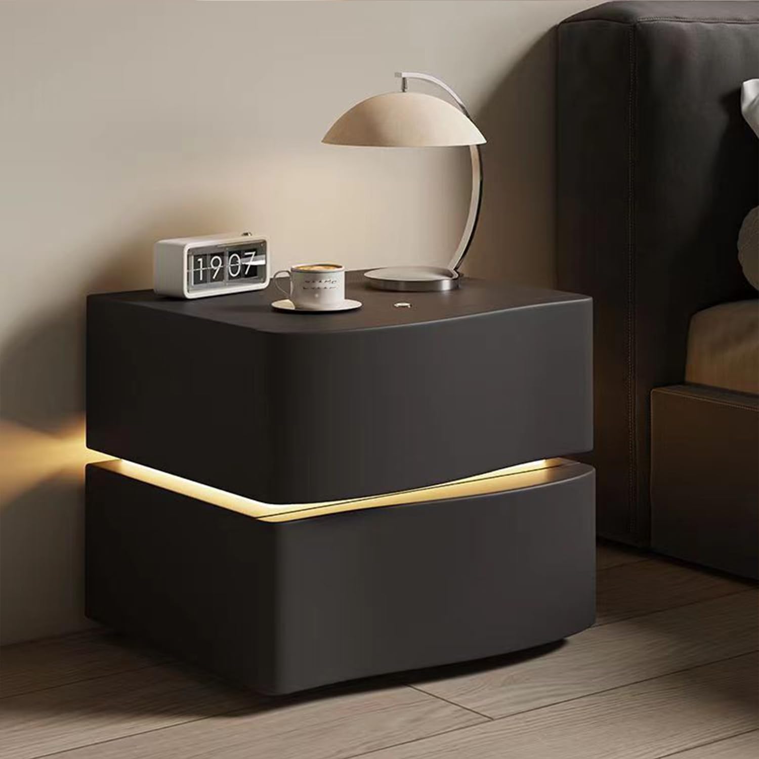 BRALEM Solid Wood Nightstand, Leather Bedside Table with LED Tubes, Modern Bedroom Nightstand, Side Table, 2/3 Drawers (2-Drawer, Black), S-CTG-2-3