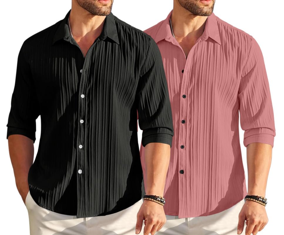 Image of FINIVO FASHION Men's Cotton Blend Shirt Set Lightweight, Full Sleeves, Plain Texture, Button Closure, Summer Ready (Pack of 2)