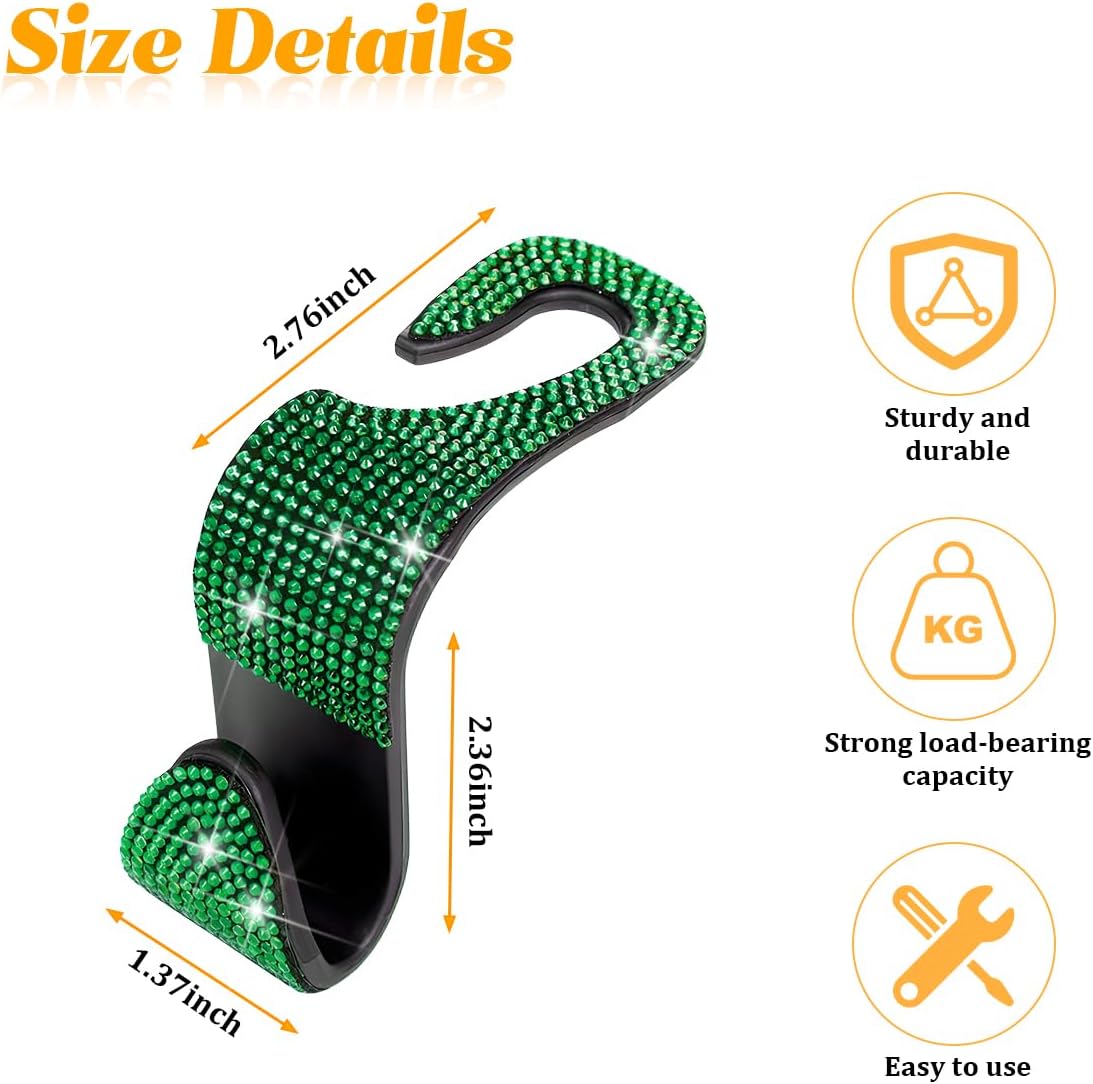 4PCS Bling Car Seat Headrest Hooks, Crystal Rhinestone Vehicle Purse Handbag Coat Hangers Holder, Automotive Interior Storage Organizer Accessories for Women Girls, Universal Fit (Green) image 2