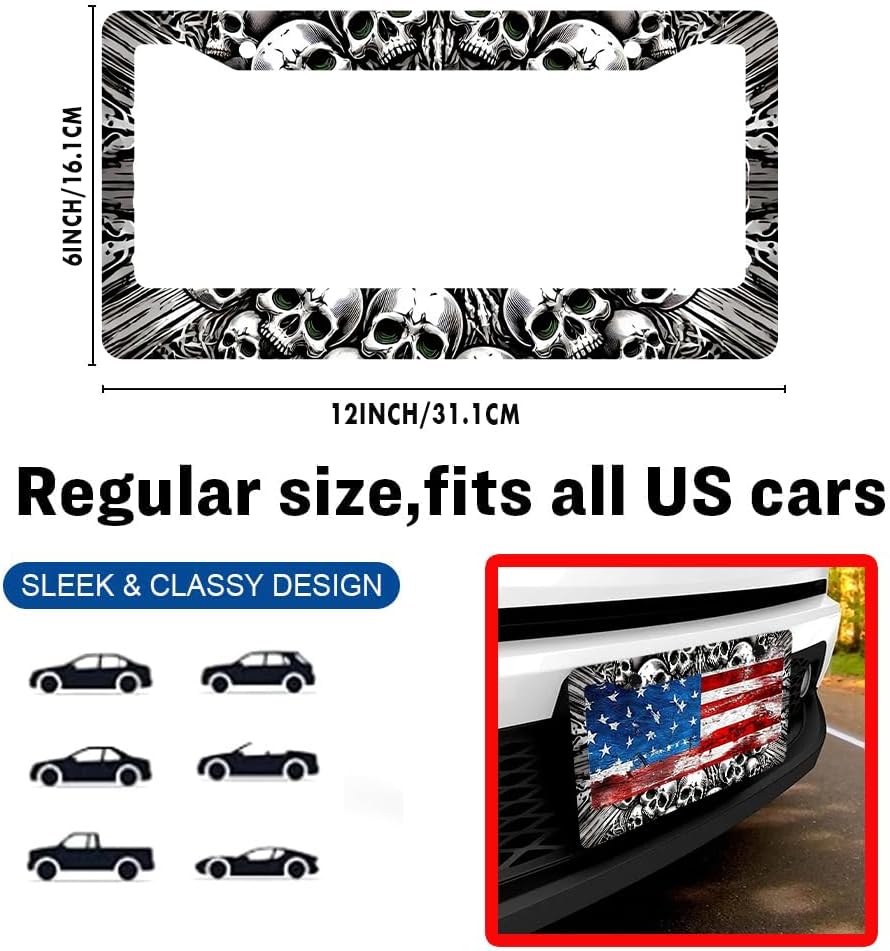 Skull Pattern Aluminum License Plate Frame 6x12 Inch US Standard, Gothic Car Tag Holder with Screws for Cars Trucks SUVs image 2