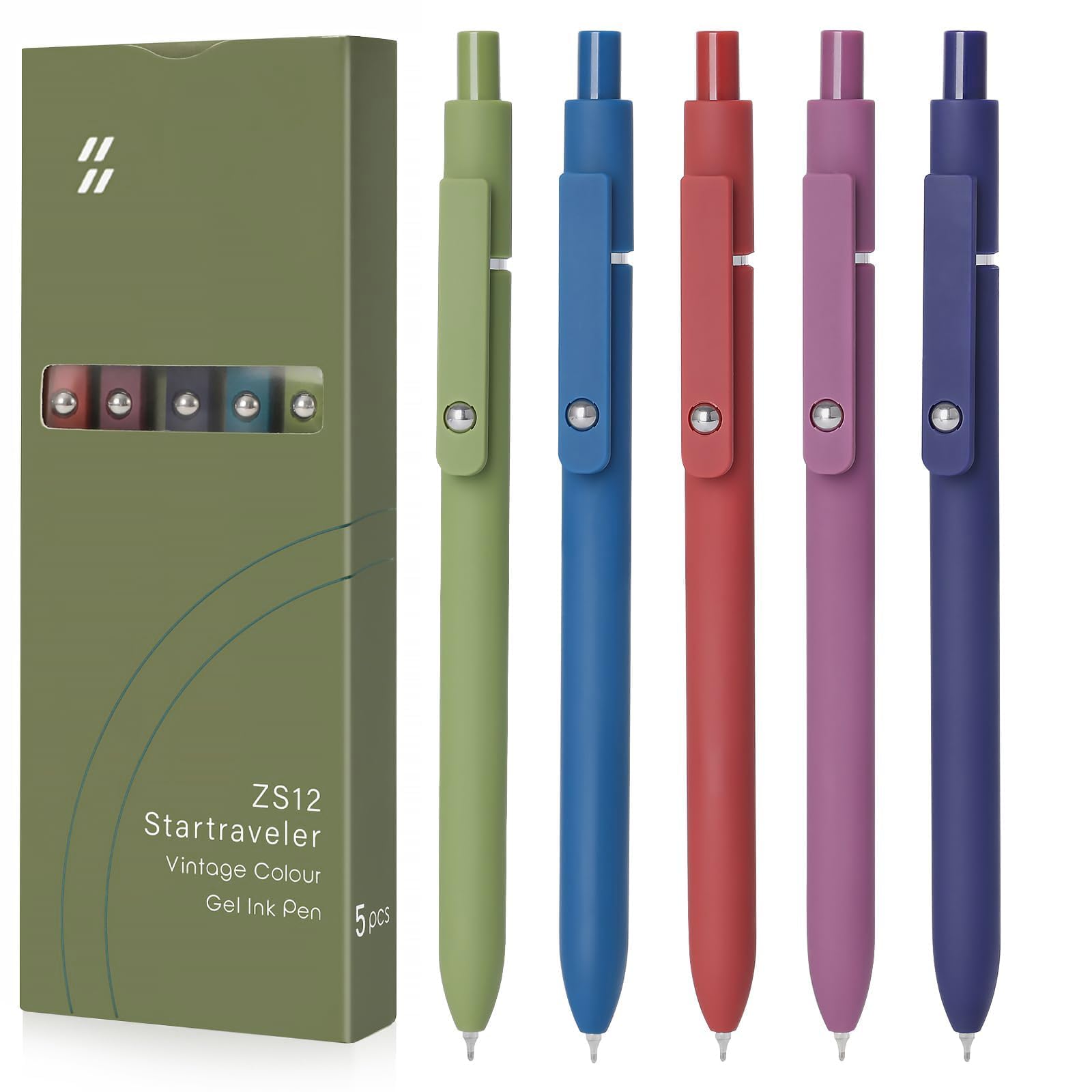 FIOVER High-End Vintage Gel Pens, 5-Pack 0.5mm Fine Point Black Ink Pens with Soft Grip & Metal Clip, Smooth Writing Retractable Pens for Journaling, Office, Note Taking(Retro color)