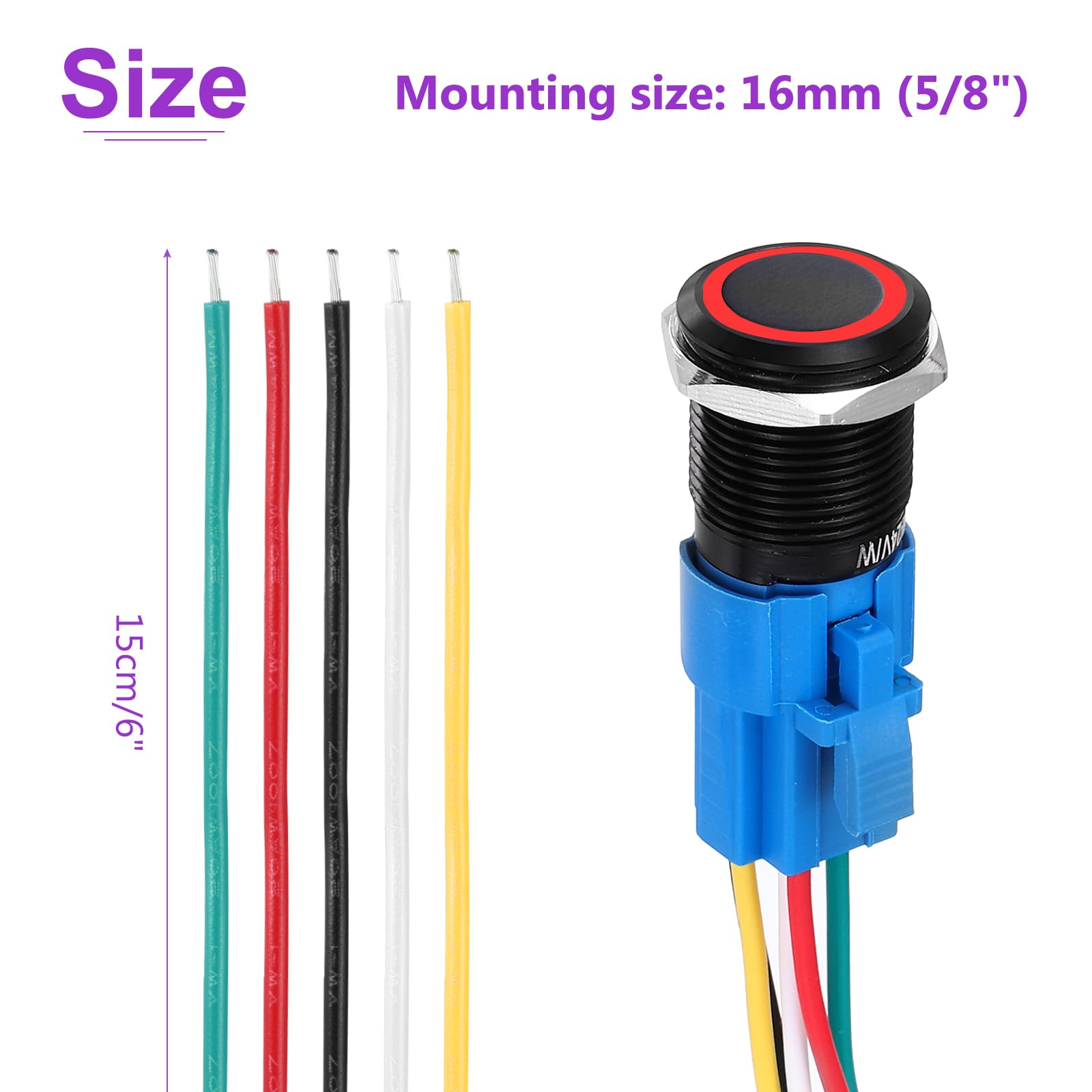 DMiotech 2 Pcs 5/8" Aluminium Alloy Momentary Push Button Switch 5Pin 1NO1NC 3A 12-24V Black Flat Button Red Ring Lamp with Socket Plug with Wire for Car Boat Systems - Image 4
