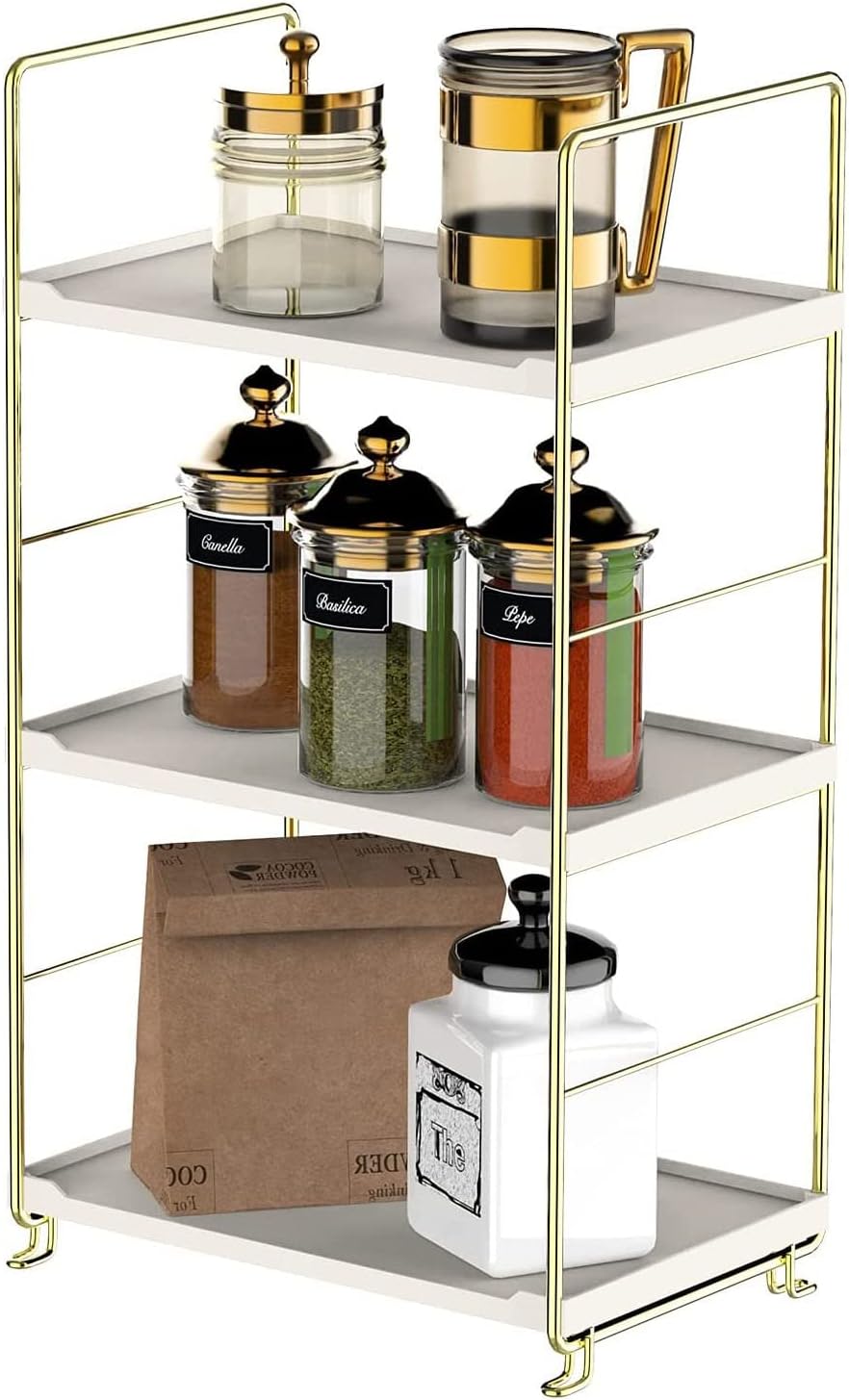3-Tier Kitchen Spice Rack, Freestanding Stackable Organizer Shelf, Bathroom Countertop Storage Shelf, Cosmetic Organizer Holder, Square Standing Rack (Golden)