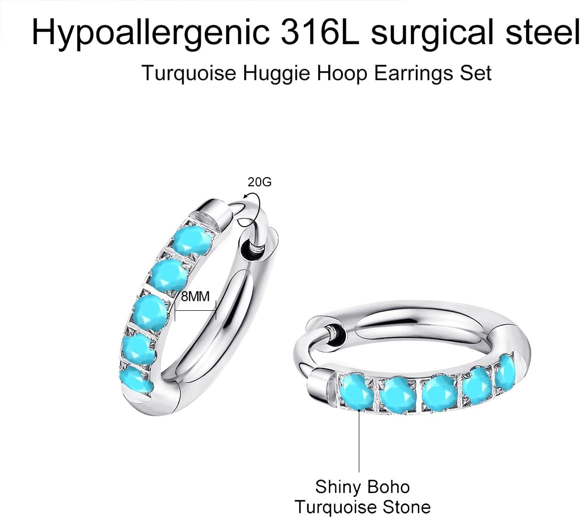 316L Surgical Steel Turquoise Huggie Hoop Earrings Set,Dainty Small Cute Silver Cartilage Earring for Multiple Piercing, Hypoallergenic for Women Men - Image 3