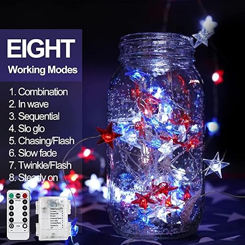 Fourth Of July Red White And Blue Lights 10Ft,40 Led Battery Operated Lights Remote 8 Modes Waterproof Indoor Outdoor Patriotic Memorial Day Presidents Independence Day 4Th Of July Decorations #TOP2